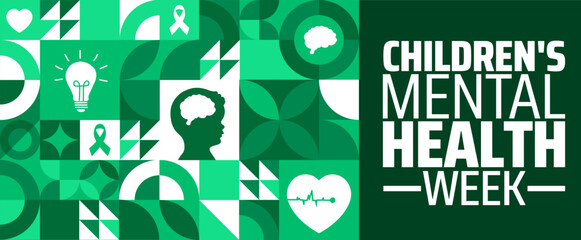Children's Mental Health Week geometric shape pattern background banner or poster design template. observed every year in February. Holiday concept. Use to any Template, card, poster, placard.