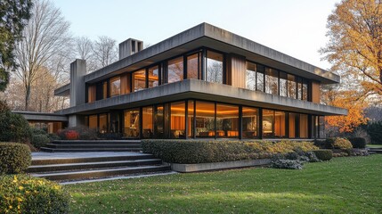 Modern house exterior with large windows and landscaped garden showing luxury living