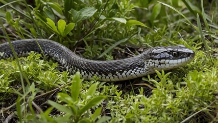 Fototapeta premium Island Wanderer: Antiguan Racer Slithering Through Shrubs on a Tranquil Isle