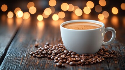 Obraz premium Espresso cup, beans, wood, bokeh, festive, drink