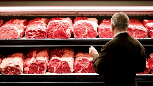 A man examines various cuts of red meat displayed in a refrigerated case at a butcher shop or grocery store.