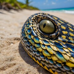 Nature&rsquo;s Artistry: Close-Up of Antiguan Racer&rsquo;s Scales on Sandy Shores