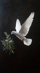 Obraz premium white dove with olive branch on dark background peace symbol hope concept religious art print