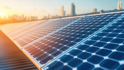 The image showcases solar panels on a rooftop with a city skyline in the background, illuminated by the warm glow of a sunset.