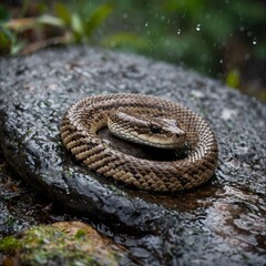 Obraz premium Rain-Kissed Resilience: Rattlesnake Coiled Beneath a Rock Ledge