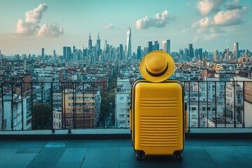 Tourist enjoying new york city skyline from rooftop with yellow suitcase and straw hat