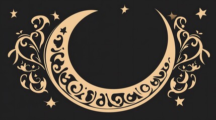 Ornate Crescent Moon with Stars and Floral Designs