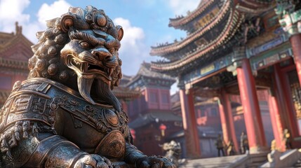 Bronze guardian lion statue in front of ancient Chinese architecture.
