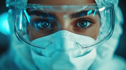 Close-up of doctor wearing protective goggles and mask in laboratory setting