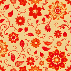 Bengali Kantha Stitch-Inspired Seamless Pattern with Floral Vines and Paisleys