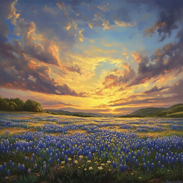 Colorful sunset over a field of bluebonnets in springtime, showcasing natural beauty and vibrant sky colors