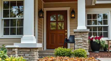 Fototapeta premium Stunning Autumn House Exterior: Modern Design, Stone Columns, and Fall Foliage