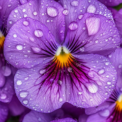 Obraz premium Vibrant purple pansy blooms adorned with dew drops in a garden setting during early morning hours