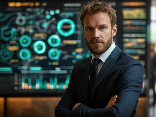 Ambitious Businessman in Tailored Suit Confidently Stands Before Financial Growth Charts, Representing Visionary Leadership and Strategic Business Growth This image depicts a successful entrepreneur