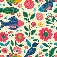 Bengali Folk Art-Inspired Seamless Pattern with Fish, Floral, and Bird Motifs