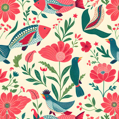 Bengali Folk Art-Inspired Seamless Pattern with Fish, Floral, and Bird Motifs
