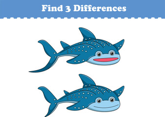 Education game for children find three differences between two whale sharks cartoon. Vector illustration