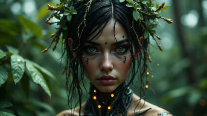 Girl decorated with leaves, branches in a dense forest. Fantasy, surreal art.