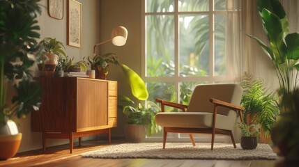 Fototapeta premium Living room interior with luxury armchairs and simple decoration, AI generated image