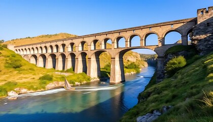 Fototapeta premium Majestic Roman Aqueduct Bridge Over River With Sailboat