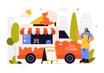 Naklejka premium Street Food Festival Event Vector Illustration featuring People and Food Trucks in a Summer Outdoor City Park Marketplace with a Flat Style Background