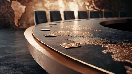 world map inlaid in modern boardroom table with dark wood and black chairs