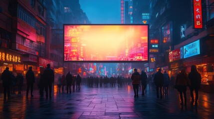 Neon Cityscape at Dusk: A Digital Billboard Reflects Urban Life