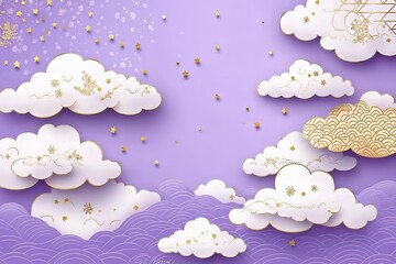 Whimsical clouds and stars create a dreamy purple landscape.