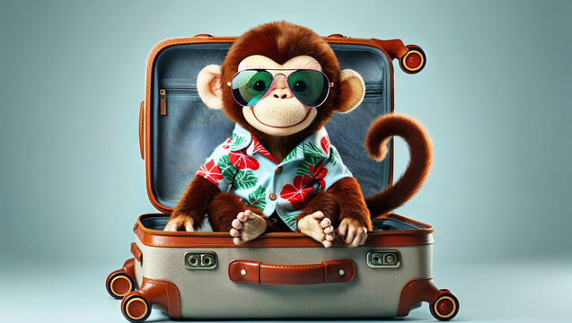 adorable monkey sitting inside a suitcase