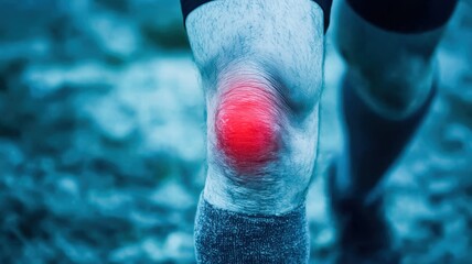 A close-up of a knee with a red mark, possibly indicating pain or injury, against a cool-toned background.