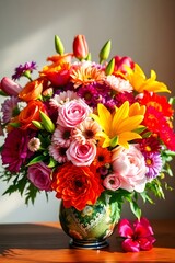 Fototapeta premium Beautiful, vivid, colorful mixed flower bouquet still life detail,valentin, colours,art,leaf, background 