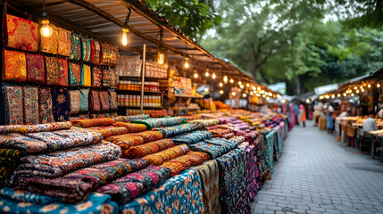 Fototapeta premium Vibrant Night Market with Colorful Textiles and Fabrics
