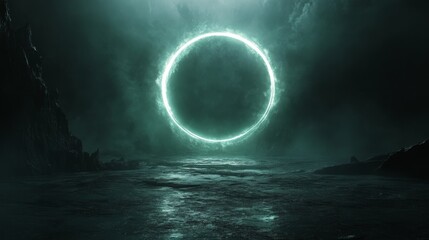 Glowing Celestial Ring Above Dark Alien Landscape