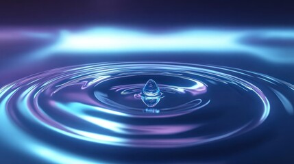 Water drop impact, ripples, dark background, neon light, science