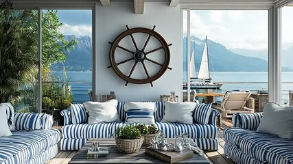 Lakeside Living Room with Nautical Decor and Stunning Mountain View