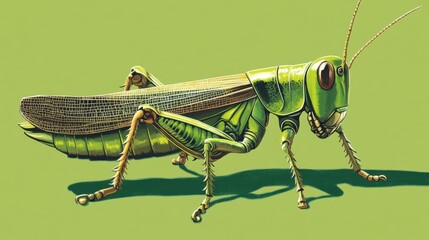 Fototapeta premium Detailed depiction of a green grasshopper on a vibrant background showcasing its unique features and structure