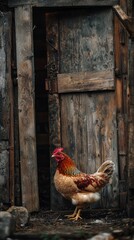 Rustic coop door with hen textures and warm light