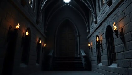 Fototapeta premium Dark Castle Hallway With Lit Torches And Stairs