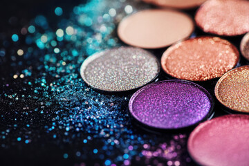 Glittery eyeshadow palettes in vibrant colors with sparkling textures on a dark background, showcasing beauty and creativity