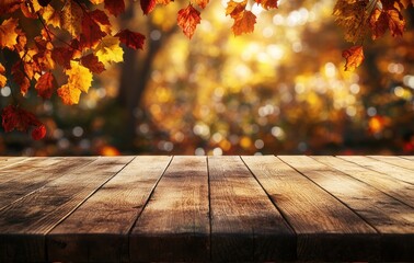 Serene Autumn Scene with Colorful Leaves Framing a Rustic Wooden Table in a Softly Lit Natural Setting Perfect for Seasonal Designs and Backgrounds