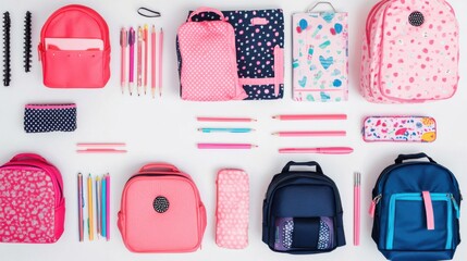 A colorful assortment of school backpacks and stationery arranged neatly on a white background
