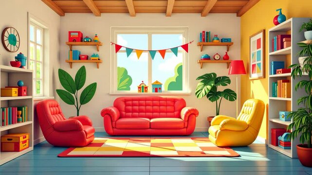 A living room with a red couch and two yellow chairs. There is a potted plant in the room