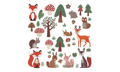 Obraz premium Cute forest animals with mushrooms, trees, and leaves. Perfect for woodland-themed designs and nature projects.