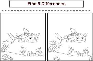 Funny cartoon whale shark. Find 5 differences. Kids Education games. Cartoon vector illustration