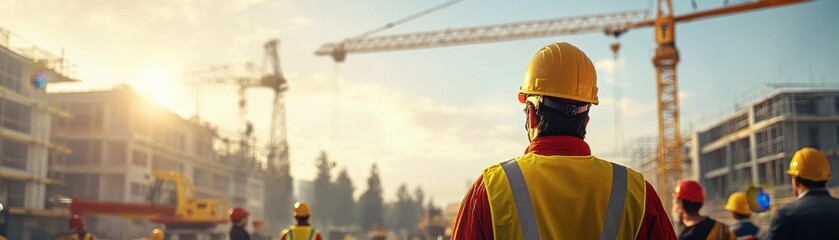 Construction Team Assembling Crane Ensuring Safety with Protective Gear and Heavy Equipment Safety Measures Construction workers demonstrate meticulous adherence to safety protocols, showcasing best