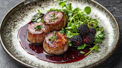 Pork medallions with berries and greens on plate, culinary concept.