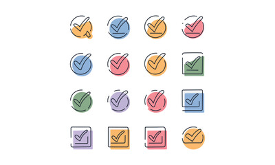 A set of hand-drawn colorful check mark icons with modern and minimalistic designs for tasks and approvals