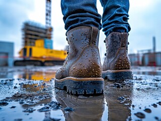 Construction worker safety Preventing workplace falls with anti-slip boots on a wet construction site Images showcase workforce using protective gear and safety measures to reduce slips, trips, and