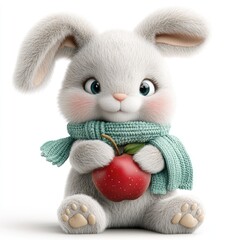 Fototapeta premium A soft rabbit with a green scarf and a red apple, placed on a plain white background. Playful, colorful character.
