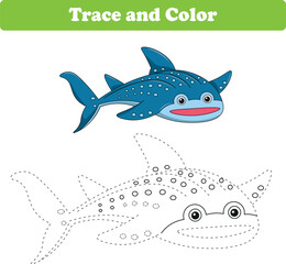 Handwriting Practice. Tracing lines and coloring whale sharks for children. Vector Illustration